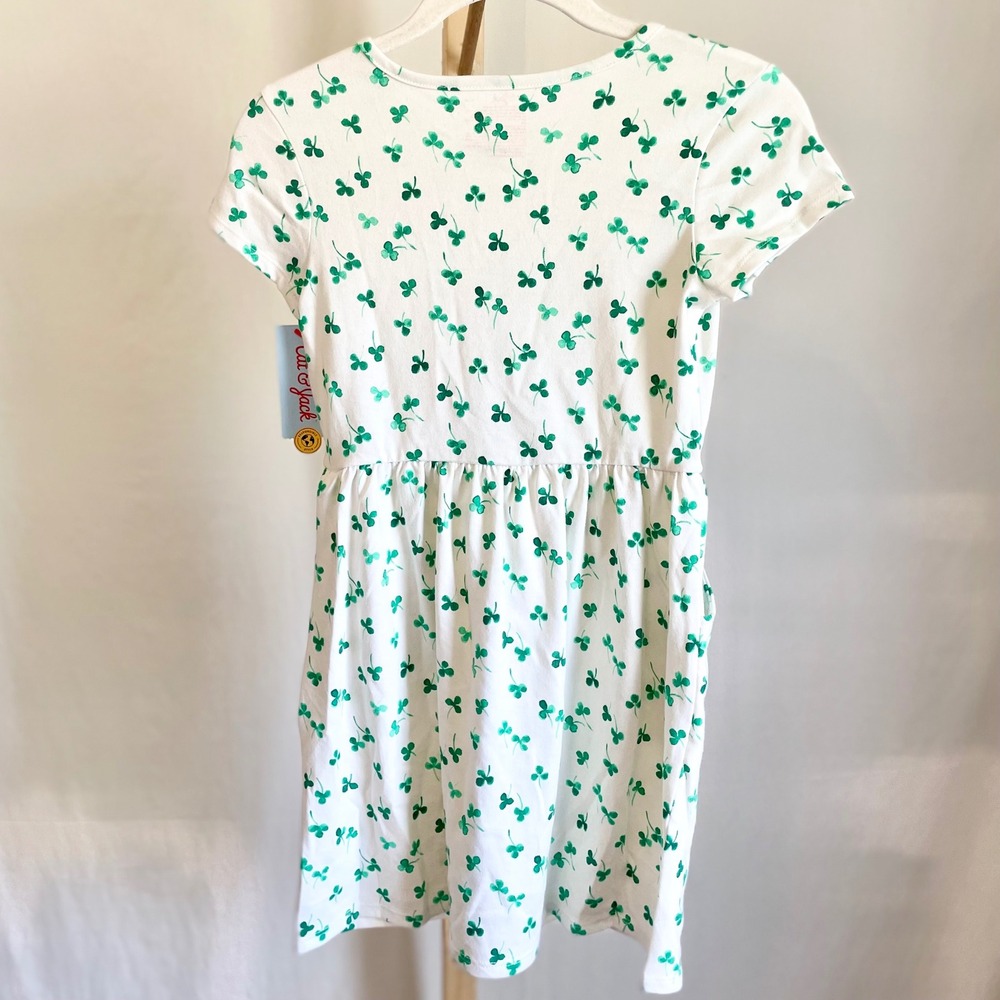 Cat & Jack Girls White Green Shamrock‎ Clover Dress St Patricks Day Size M 8 NWT